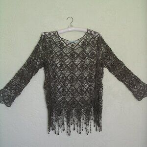 Bohemian crocheted lace dark green long sleeve fringed top size medium